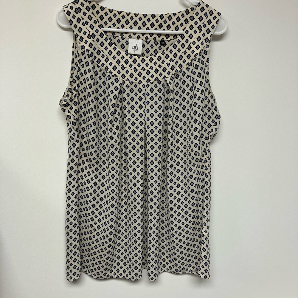 CAbi Blue and Cream Geometric Sleeveless Blouse, L